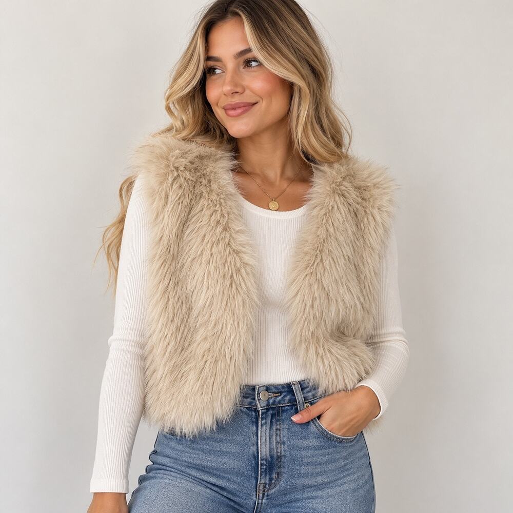 Womens M Beige Faux Fur Vest Cropped Open Front Boho Winter Layering